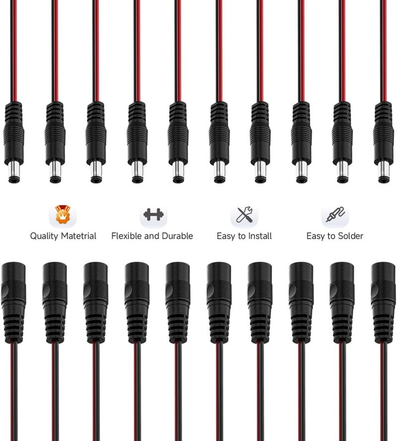 BTF-LIGHTING 10 أزواج من موصلات قابس أسطوانة 16 سم 20AWG 5.5 مم × 2.1 مم ذكر/أنثى إلى سلك موصل كابل طاقة DC لشرائط LED FCOB COB 2PIN - Image 3